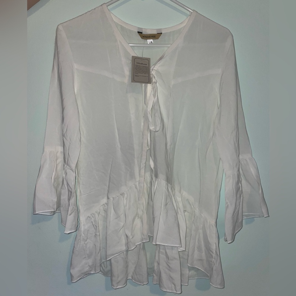 White Tie-front Ruffle Trim Blouse
